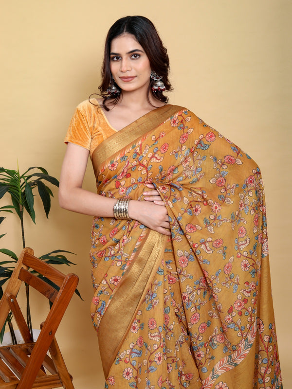 Golden Bloom Heavy Linen Saree with Floral Print & Jacquard Border