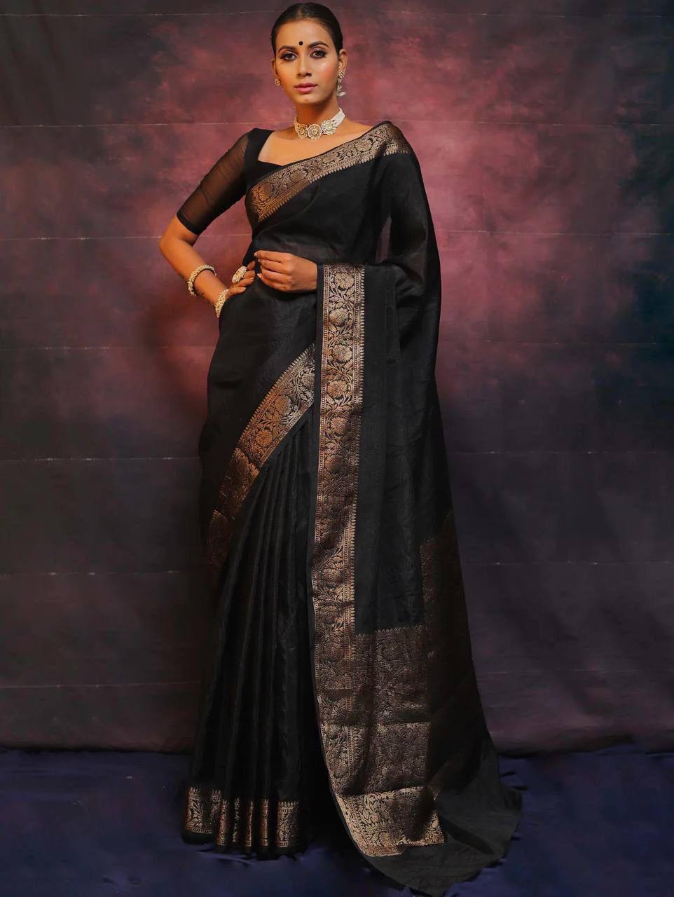 Elegant Black Silk Saree with Gold Zari Border and Pallu