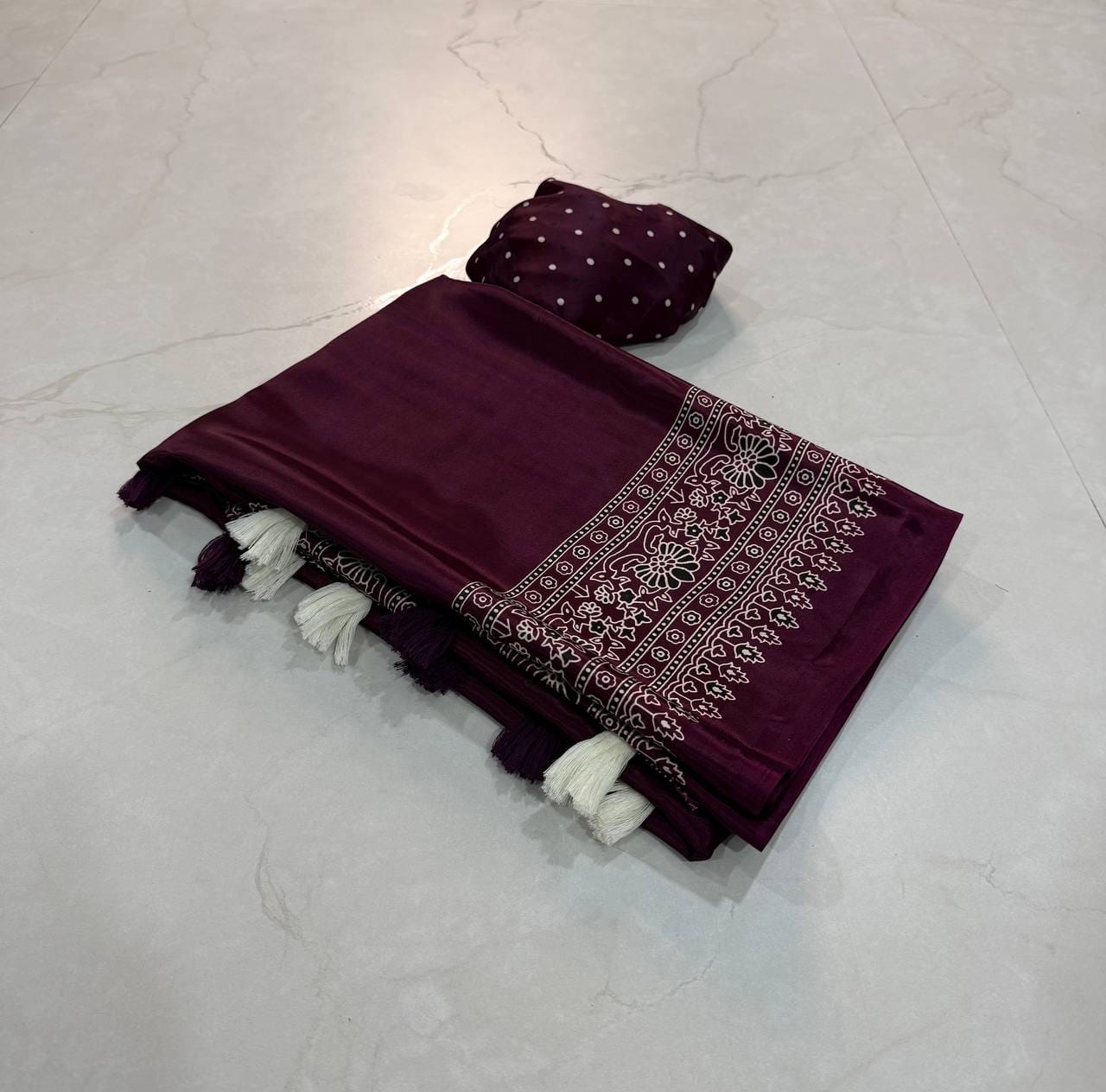 Premium Ajrakh Designer Crepe Silk Saree with Floral Border & Tassel Detailing