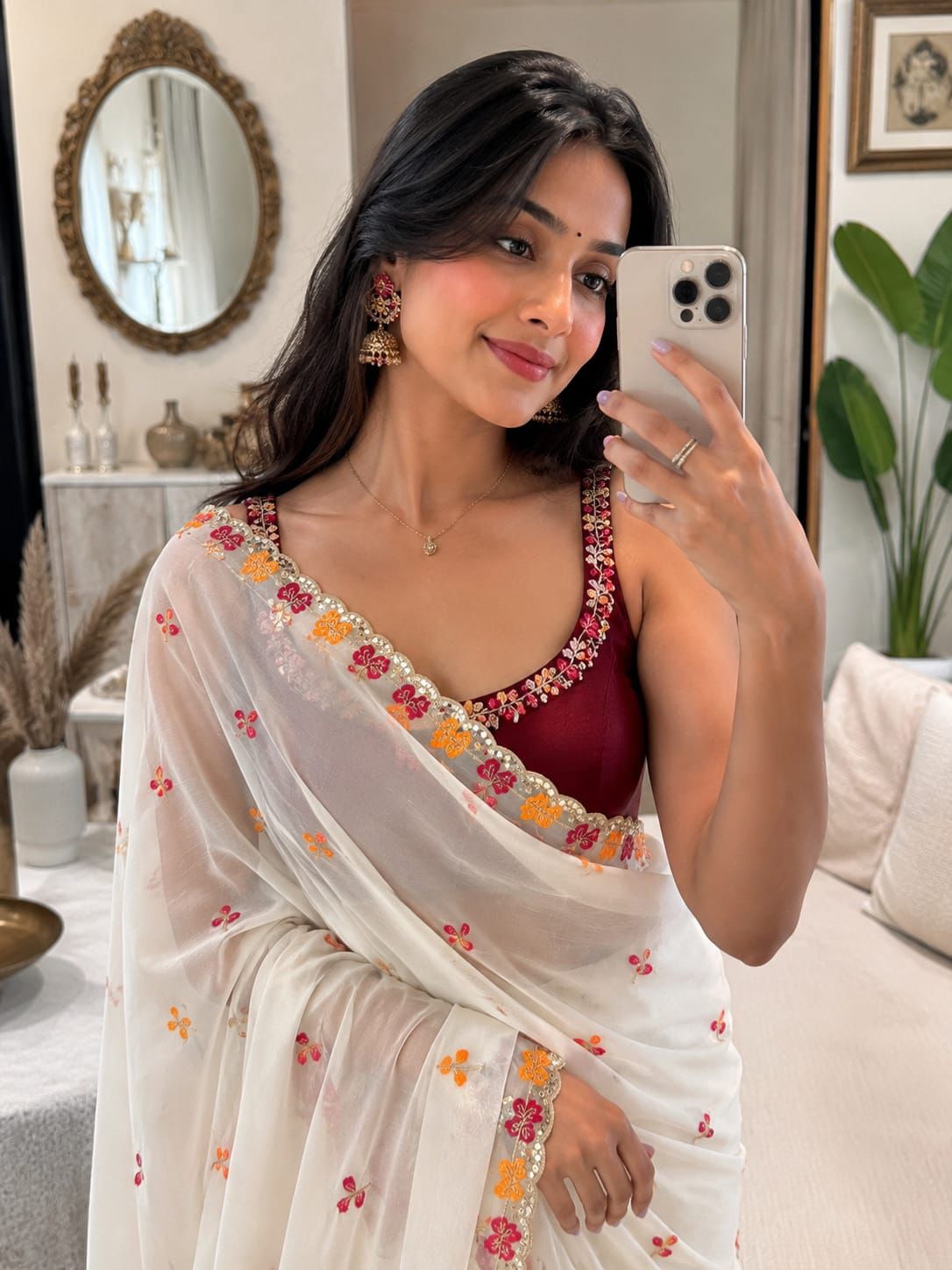Premium Crunchy Chiffon Embroidered Mirror Work Party Wear Saree