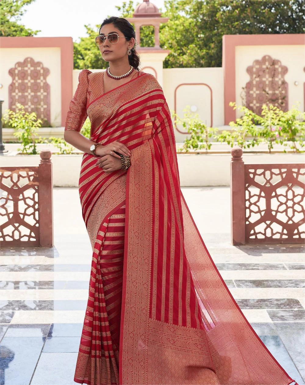 Red Banarasi Silk Saree with Golden Zari Stripes and Woven Border