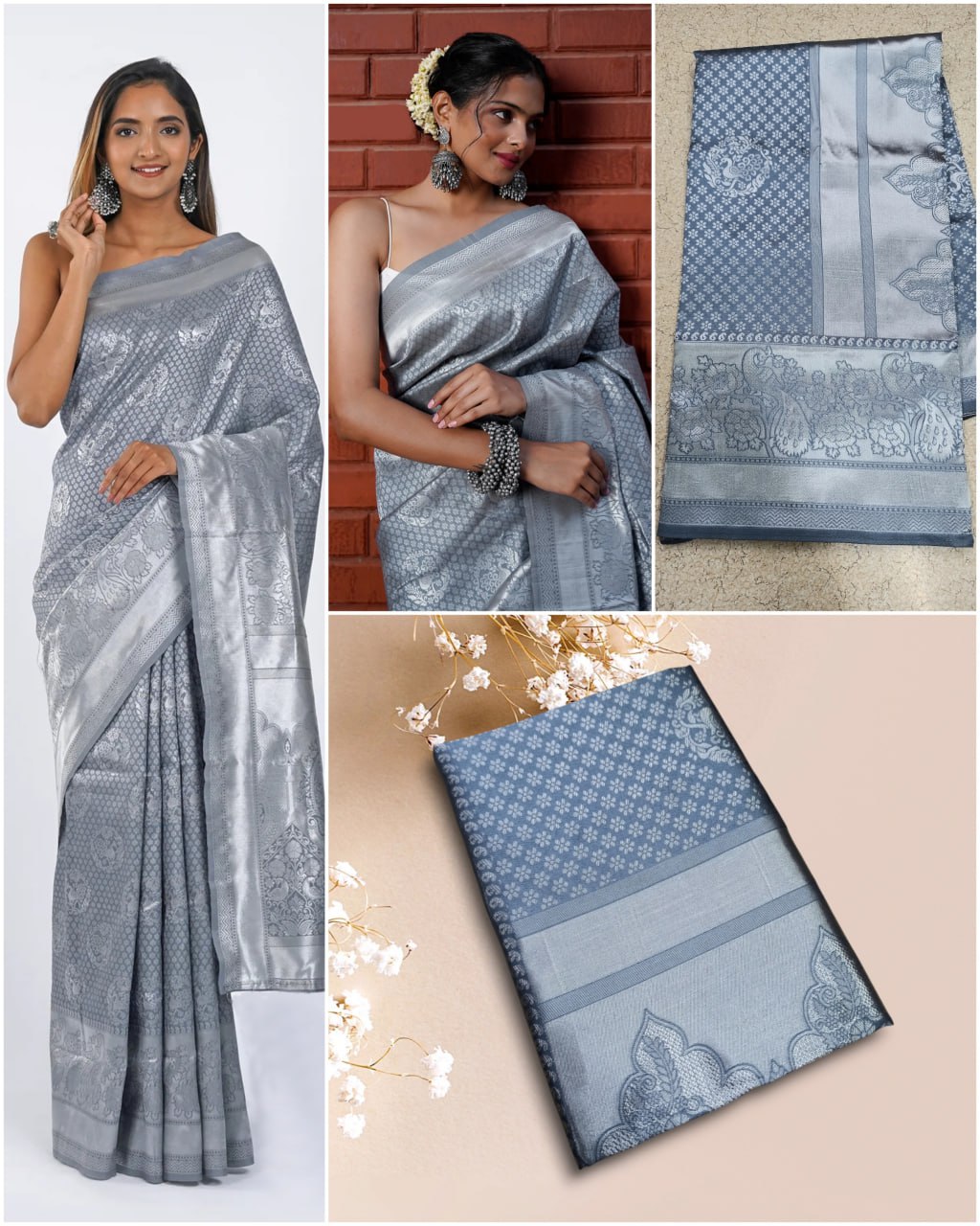 Grey Banarasi Silk Saree with Silver Zari Work