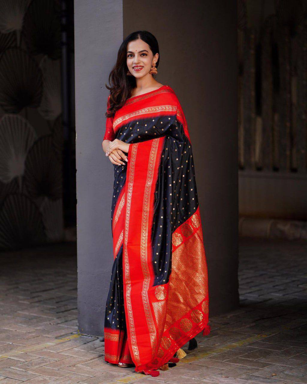 Black Silk Saree with Red Border and Golden Embroidery