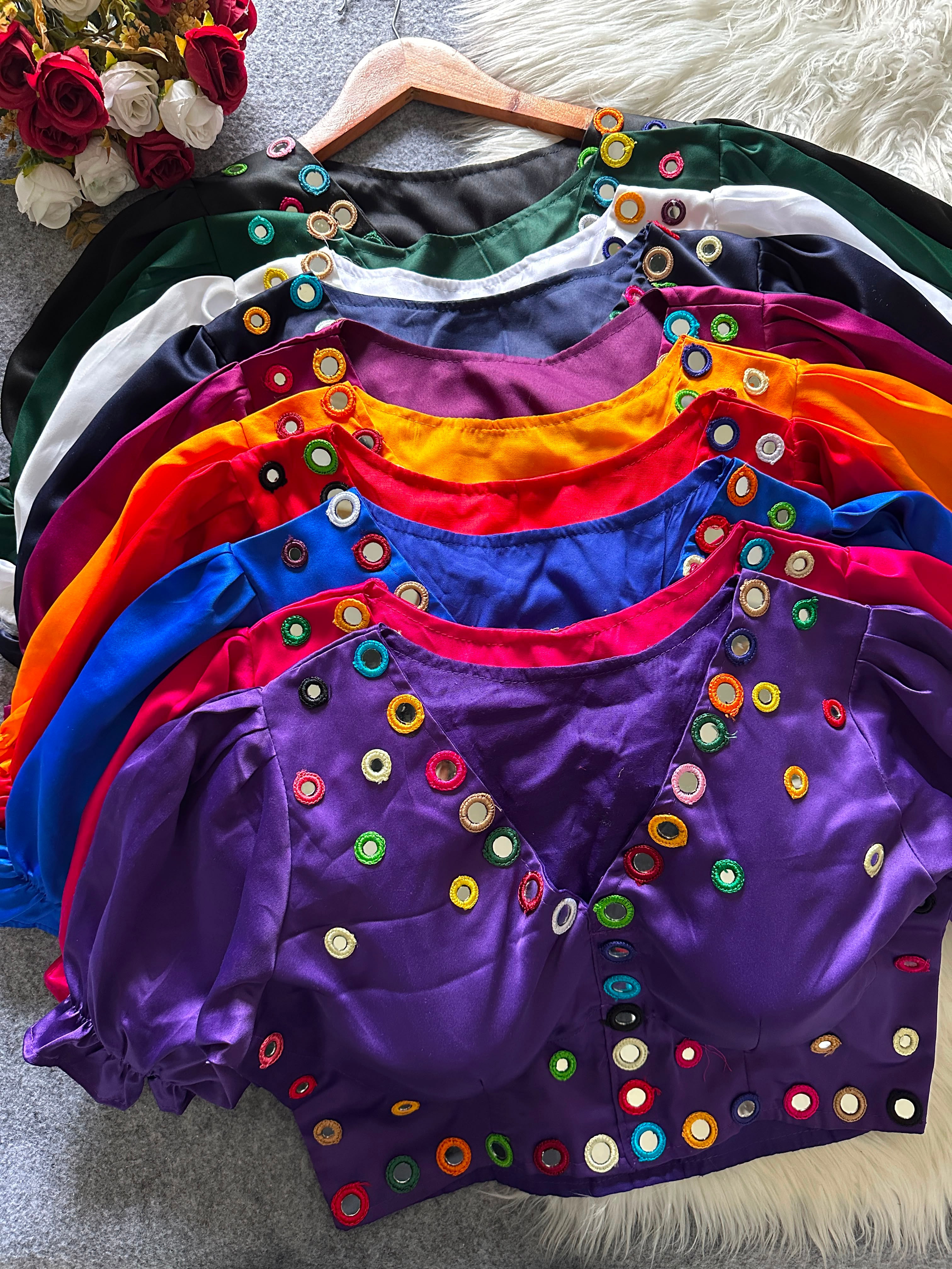 Navratri Satin Silk Multicolour Mirror Work Designer Blouse – Free Size 38–42