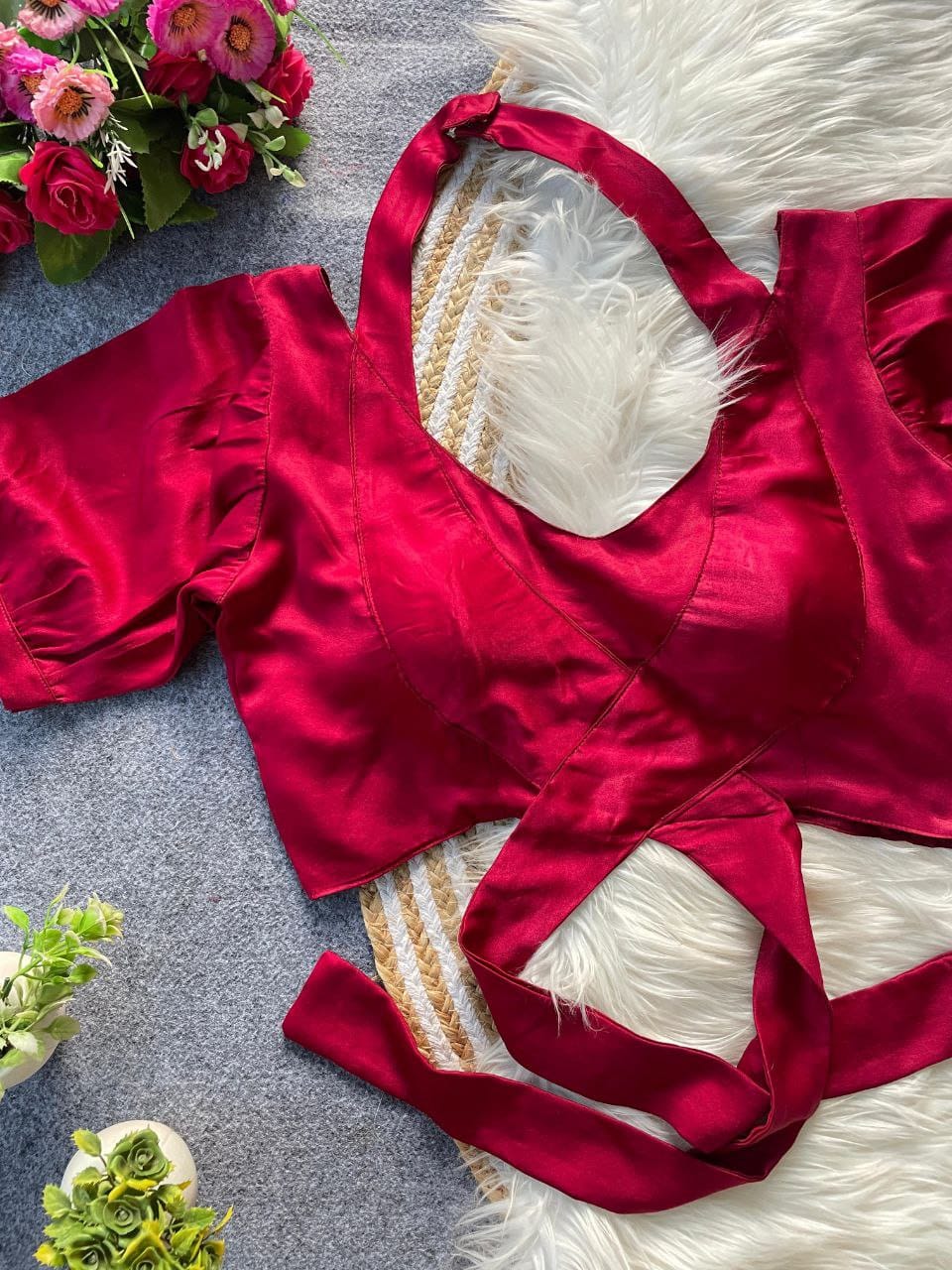 Pure Malai Satin Balloon Sleeve Designer Blouse – Padded with Tie-Up Back | Free Size 38–42