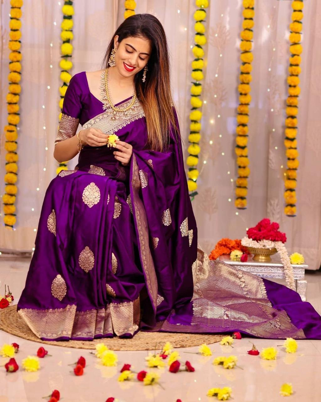 Purple Banarasi Silk Saree with Golden Zari Work