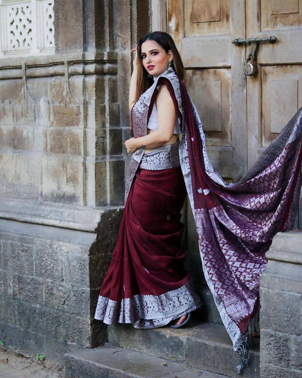 Maroon Banarasi Silk Saree with Silver Zari Border