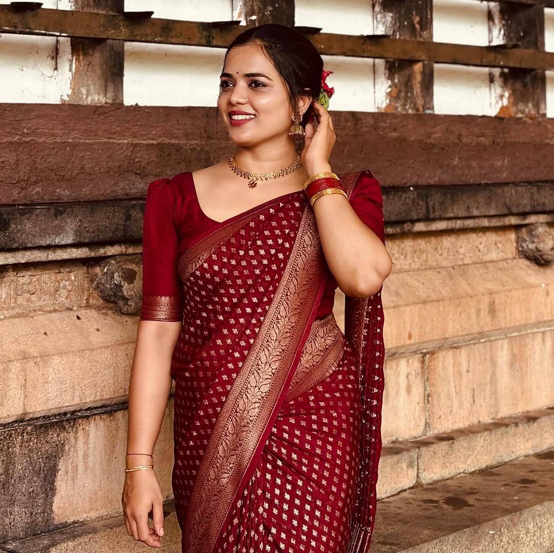 Maroon Banarasi Silk Saree with Gold Zari Work