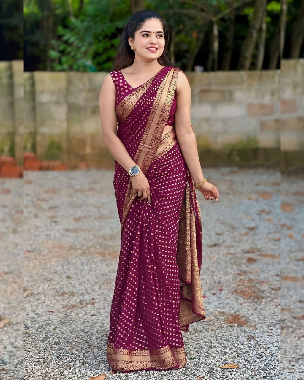 Maroon Banarasi Silk Saree with Golden Polka Dots and Zari Border
