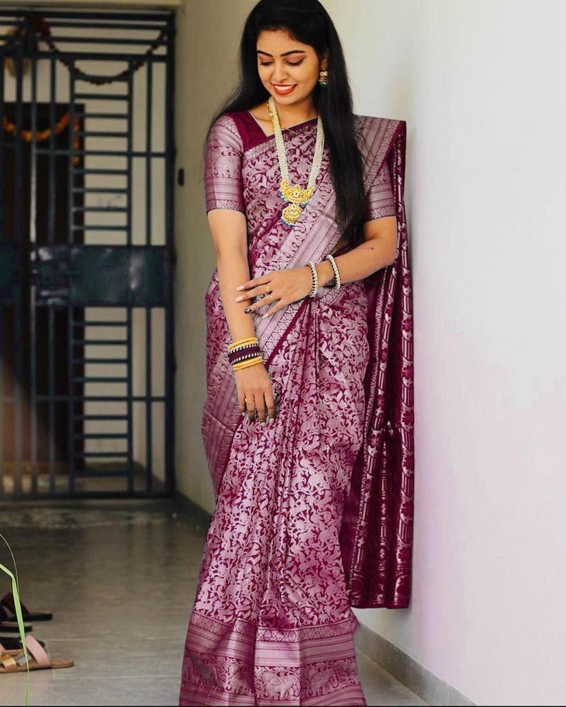 Banarasi Silk Saree with Intricate Woven Design in Wine Purple