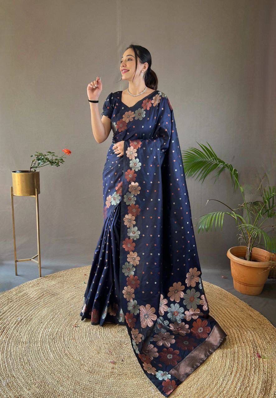 Navy Blue Embroidered Floral Saree with Sequin Detailing