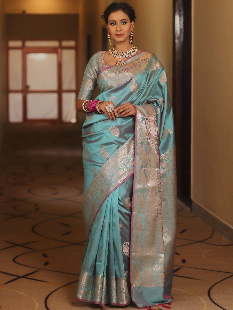 Elegant Turquoise Blue Kanjivaram Silk Saree with Silver Zari Border
