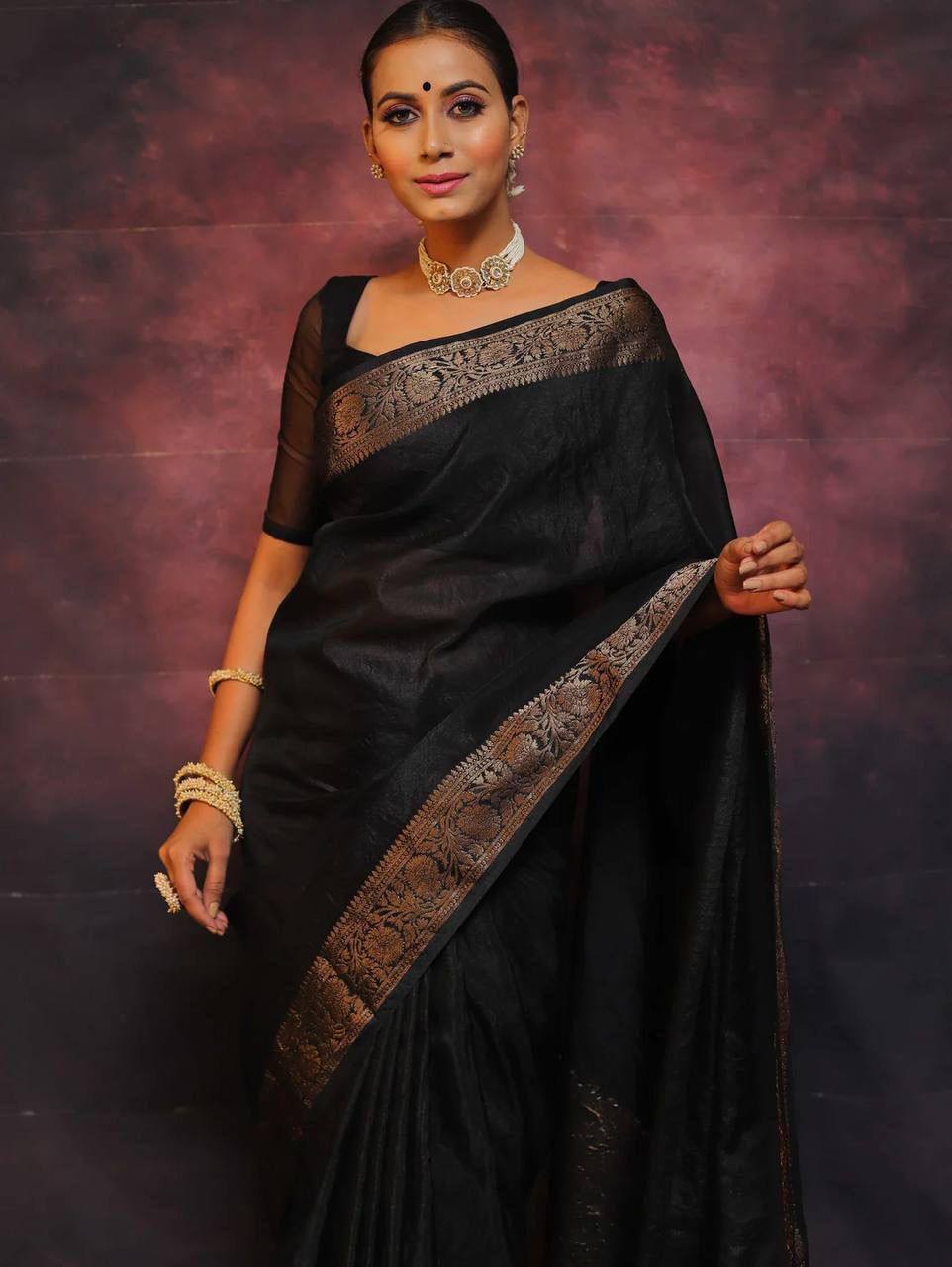 Elegant Black Silk Saree with Gold Zari Border and Pallu