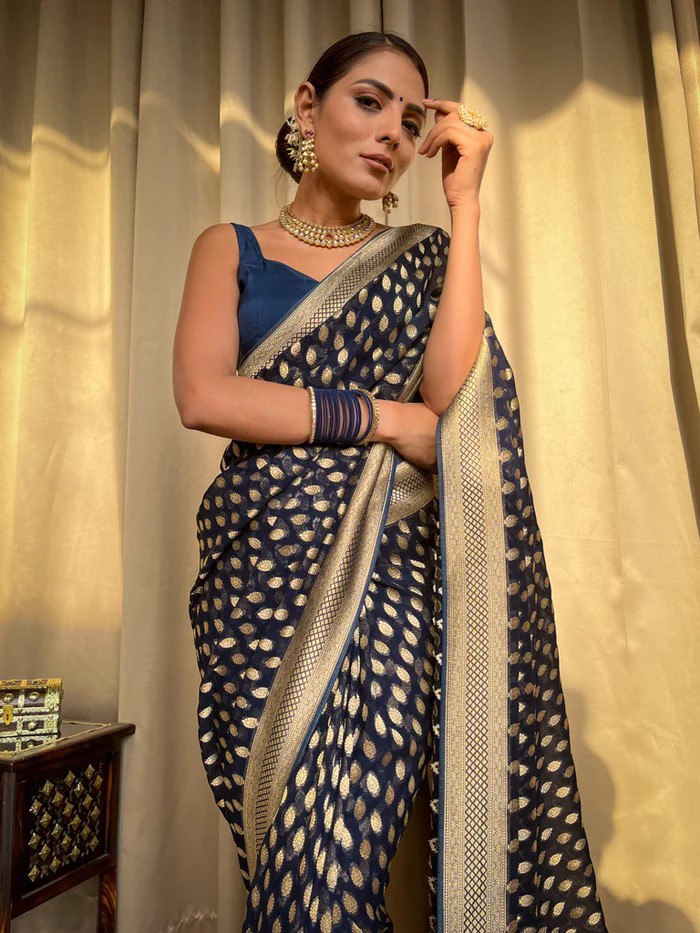 Navy Blue Banarasi Silk Saree with Golden Zari Weaving and Border