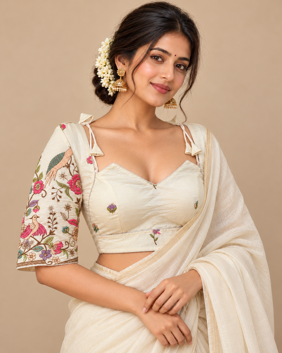Pure Khadi Cotton Floral Embroidered Blouse – Heavy Padded | Front Open | 38–42