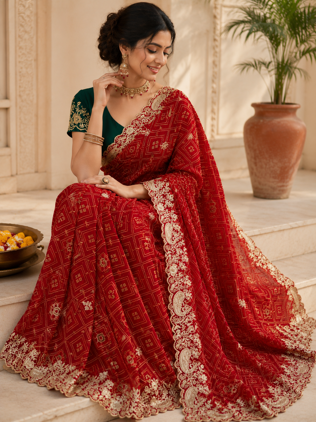 Women's Red Georgette Bandhej Print Embroidered Saree with Contrast Green Mono Silk Blouse