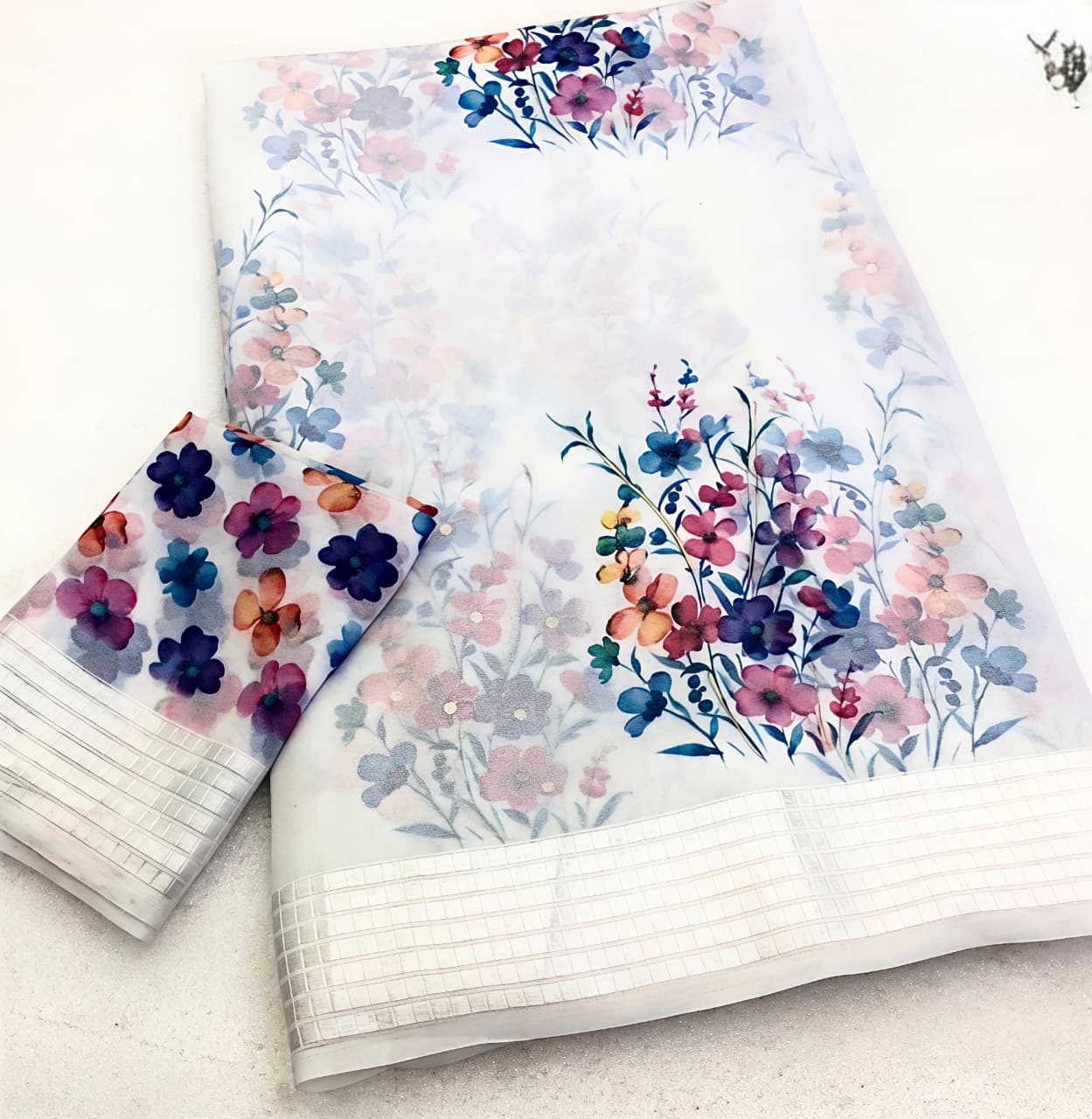 White House Premium Georgette Chiffon Floral Digital Print Saree with Weaving Border & Printed Blouse