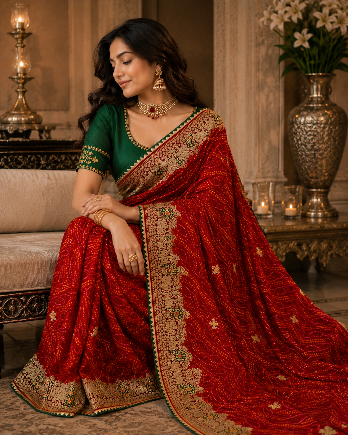Women's Premium Bandhani Saree with Elephant & Peacock Embroidery and Banglori Green Blouse