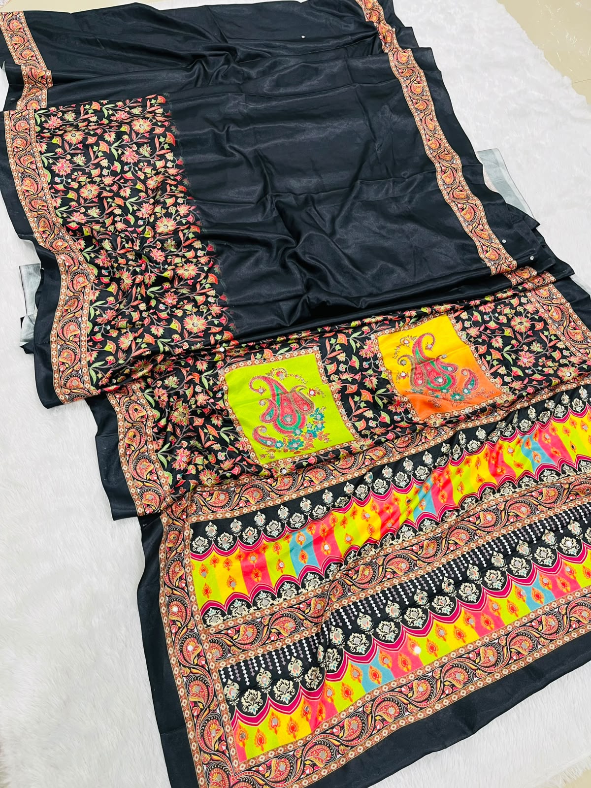 Women's Premium Black Designer Saree with Paisley Digital Print & Floral Border | Festive Party Wear Saree