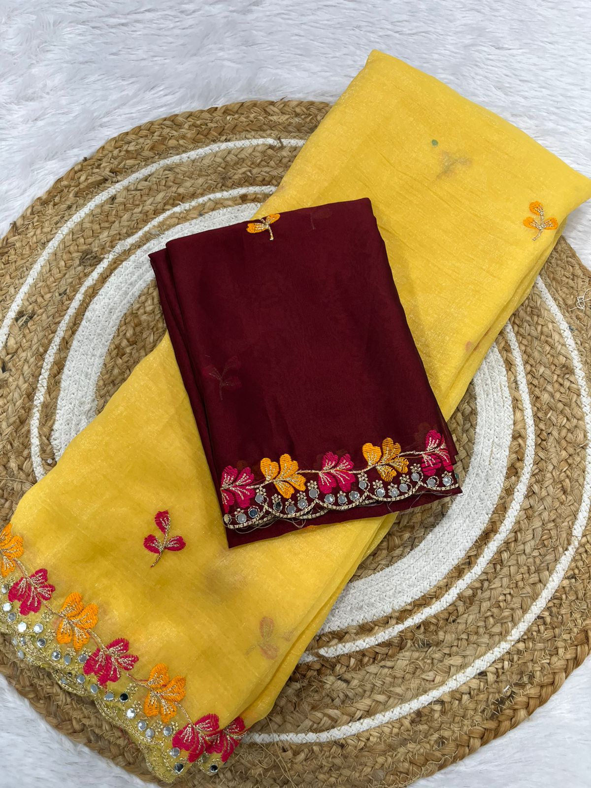 Premium Crunchy Chiffon Embroidered Mirror Work Party Wear Saree
