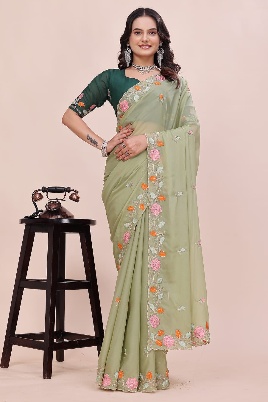 Rose Petal Embroidered Star Georgette Saree with Beads Work Border