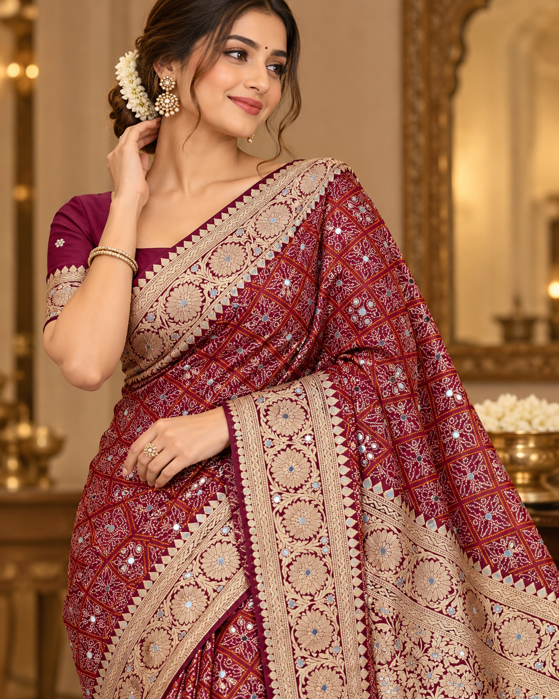 Karva Chauth Special Heavy Pure Silk Saree with Mirror Work & Designer Zari Border