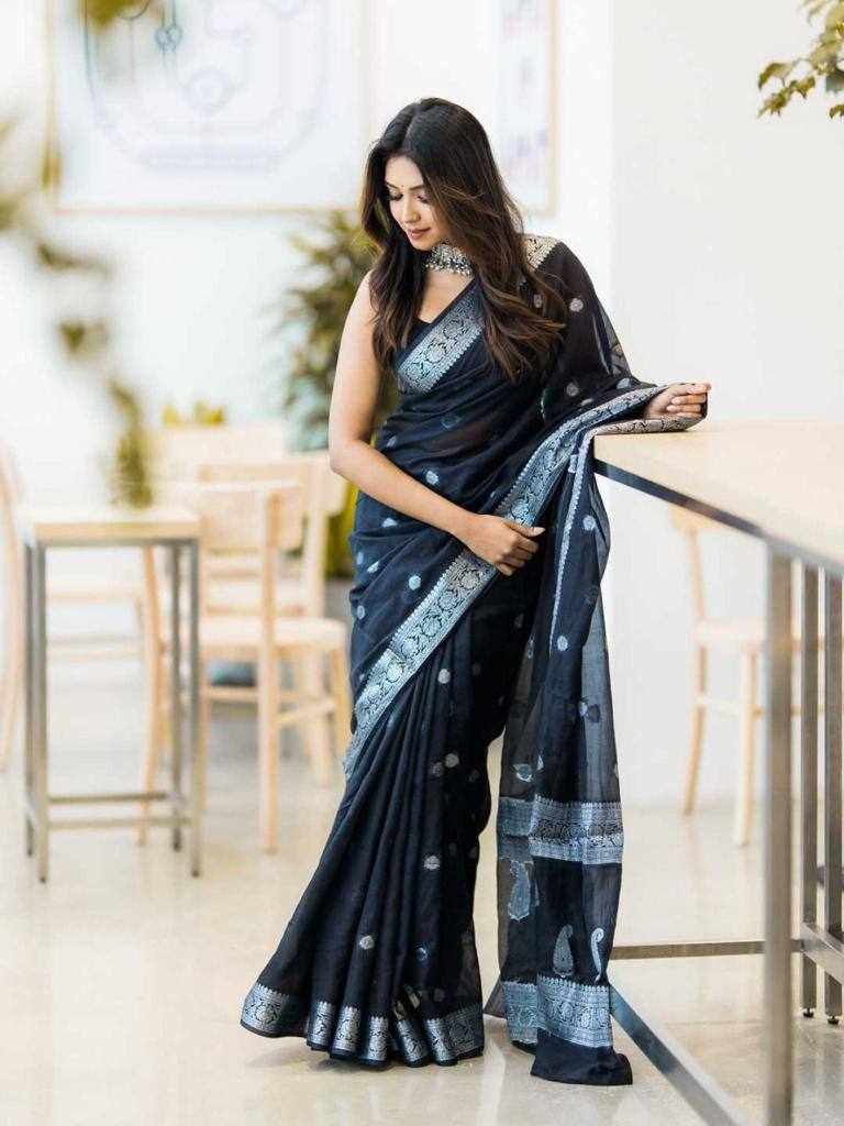 KP-R 120 Beautiful Soft Linen Black Saree with Jacquard Border