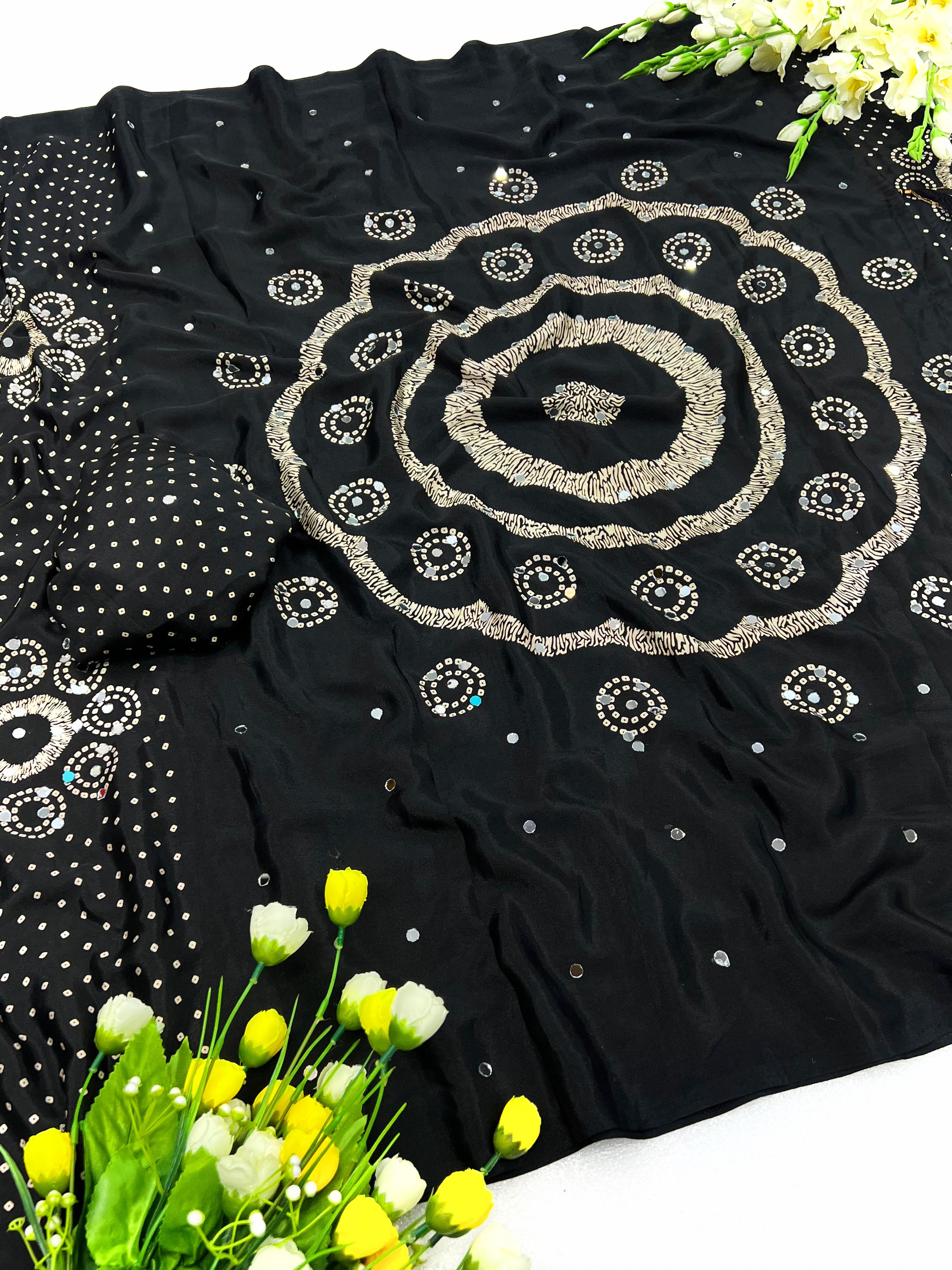 Premium Moss Satin Ajrakh Saree with 2,500 Mirror Work & Matching Blouse