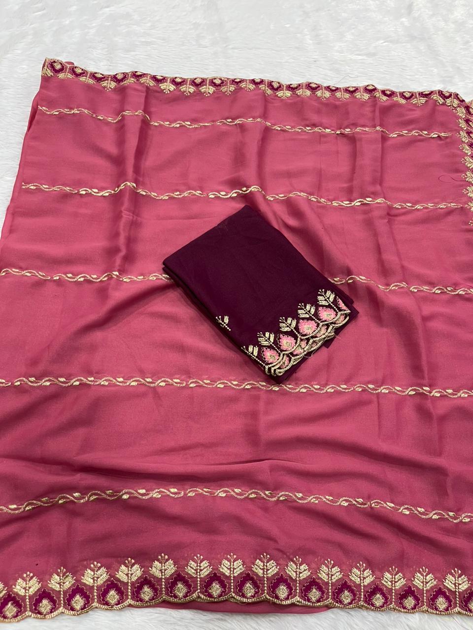 Jhanvi Collection – Premium Star Georgette Saree with Embroidered Border & Contrast Blouse
