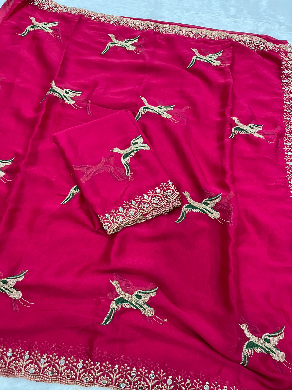 Premium Embroidery & Mirror Work Saree with Designer Blouse