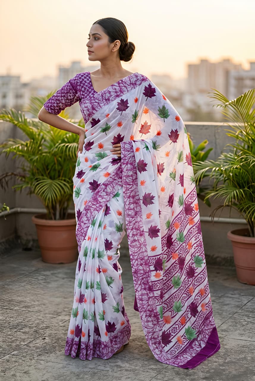 Soft Georgette Floral Leaf Digital Print Saree — Shopify Product Listing