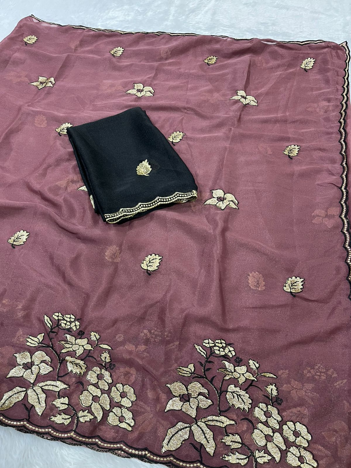 Women's Premium Star Galaxy Embroidered Saree with Designer Black Blouse