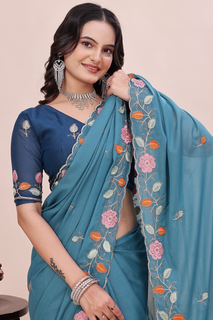 Rose Petal Embroidered Star Georgette Saree with Beads Work Border