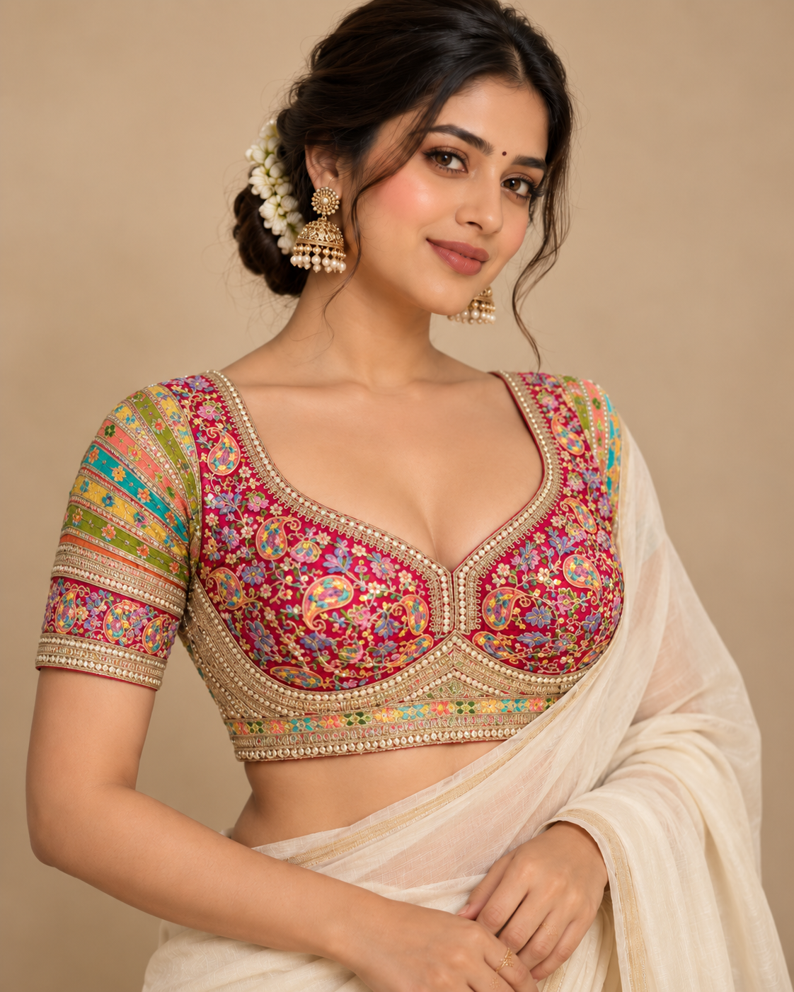 Premium Kashmiri-Inspired Antique Thread Work Blouse – Fox Georgette | Heavy Padded | 38–40