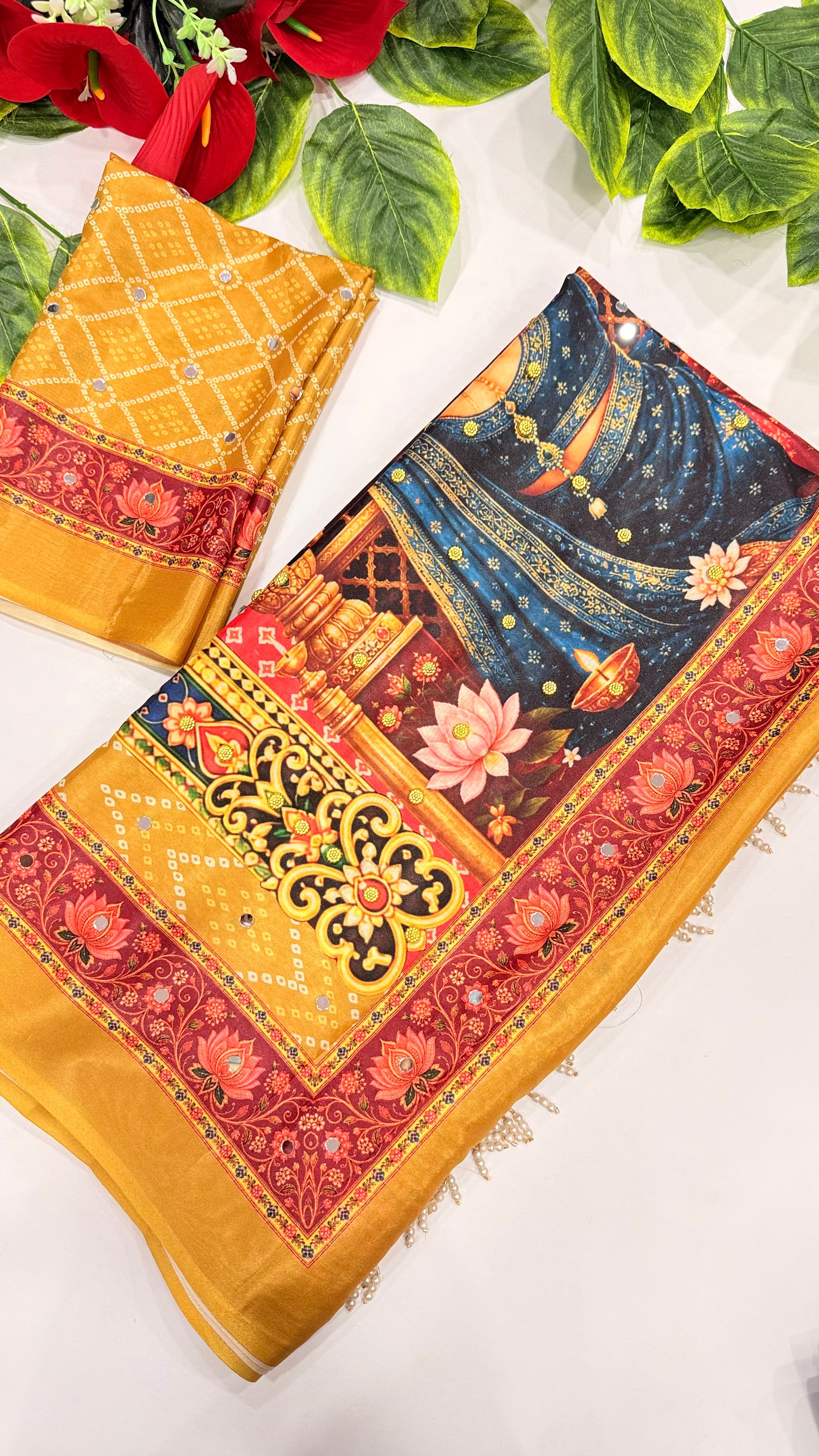 Karva Chauth Special Heavy Shimmer Silk Saree with 2,000 Mirror Work & Designer Pallu with Matching Blouse