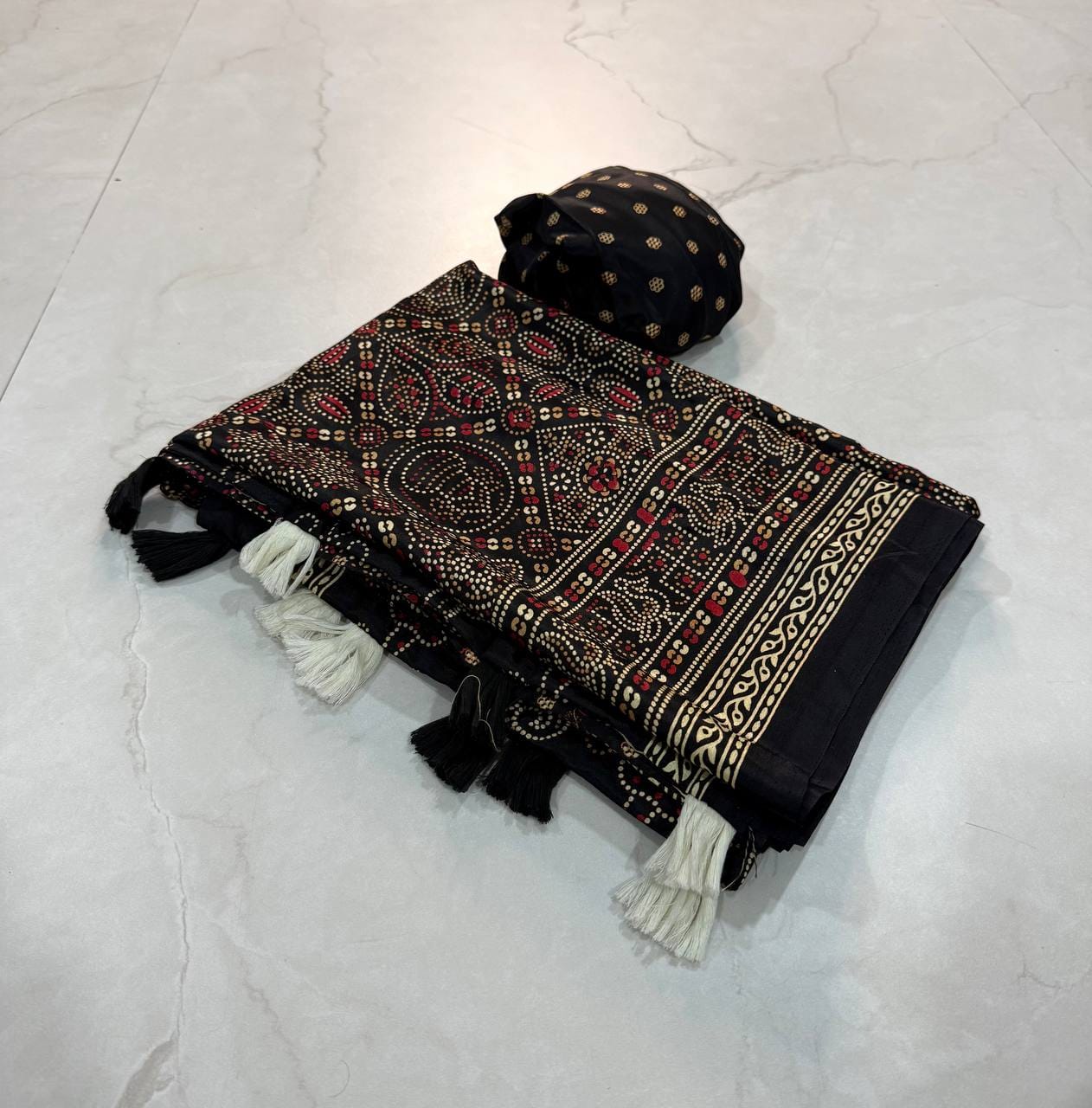 Premium Ajrakh Designer Crepe Silk Saree with Traditional Bandhani-Inspired Print & Tassel Border