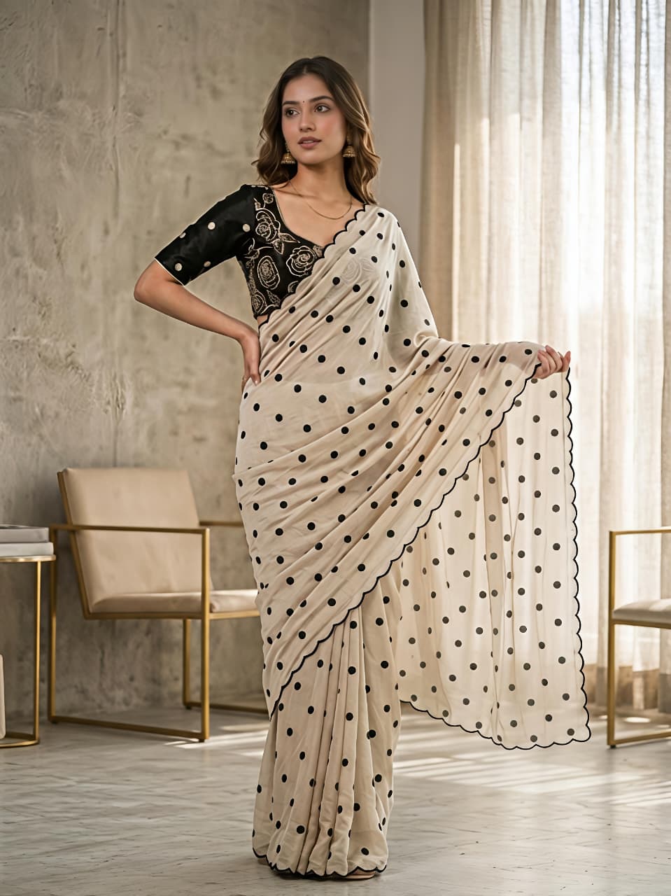 Star Georgette Polka Embroidered Saree with Matching Blouse
