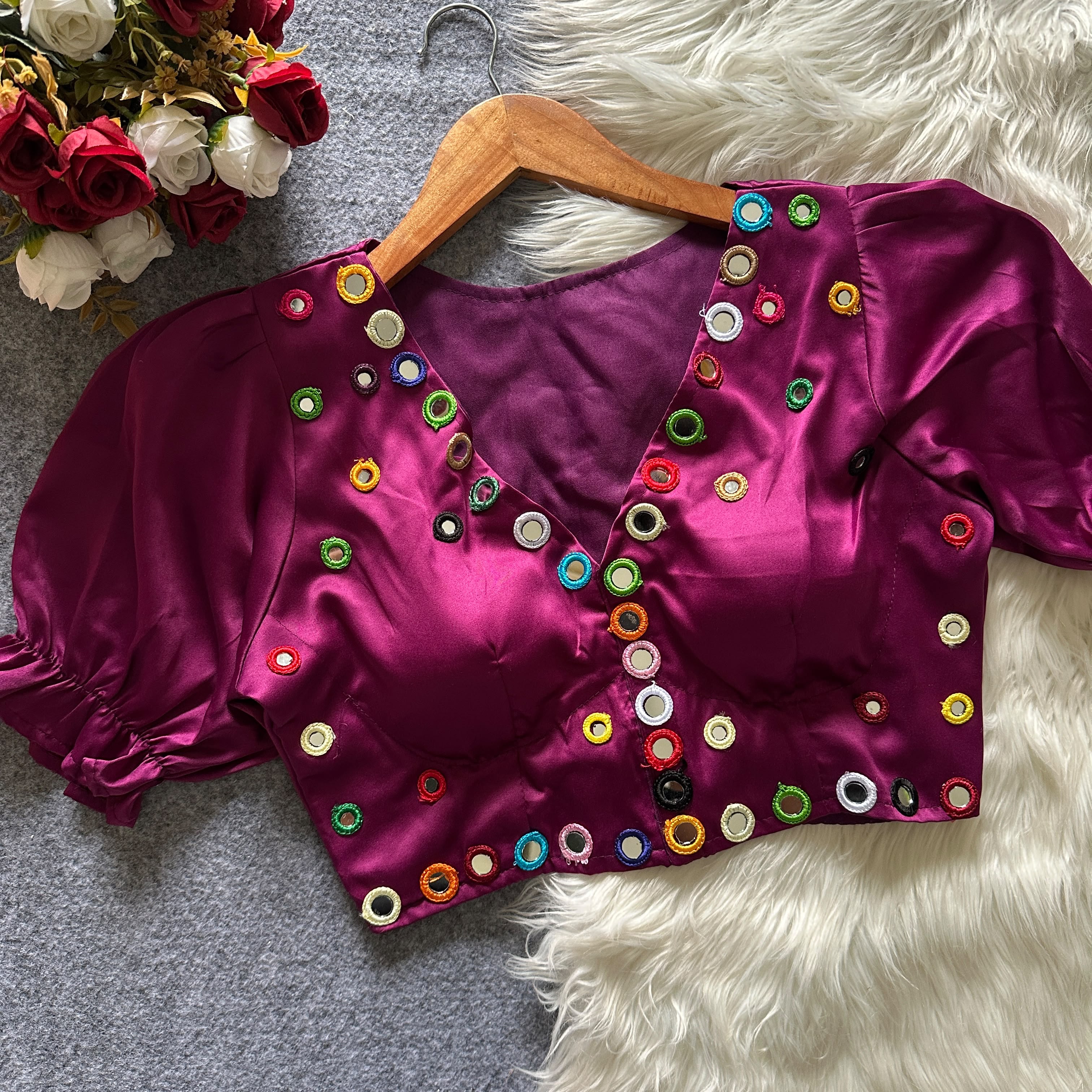 Navratri Satin Silk Multicolour Mirror Work Designer Blouse – Free Size 38–42