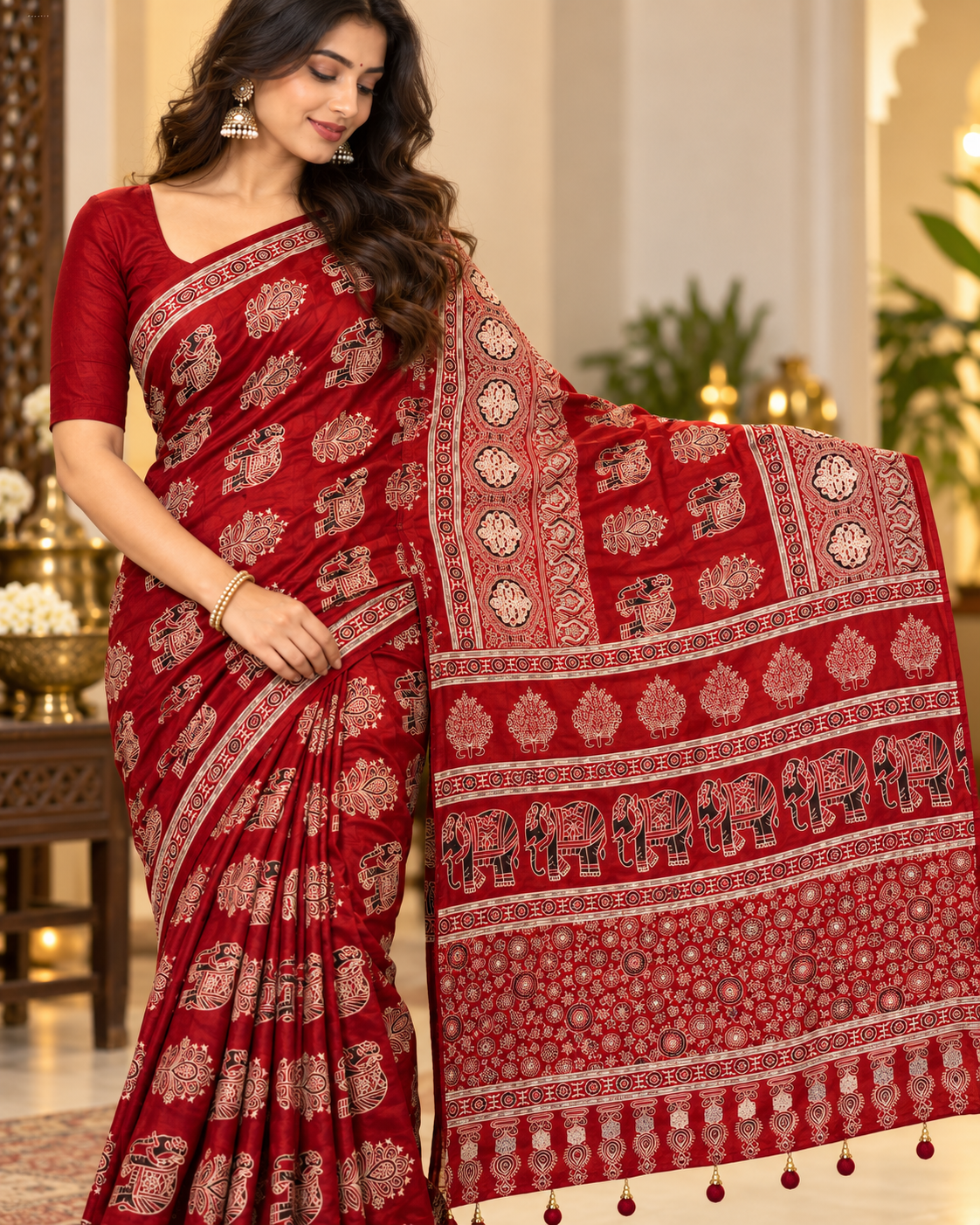 Premium Crepe Silk Designer Saree with Traditional Elephant & Floral Print