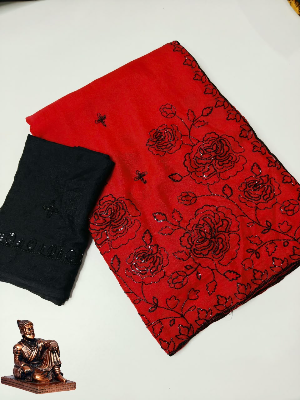 Premium Star Georgette Saree with Black Sequin & Thread Embroidery and Matching Blouse