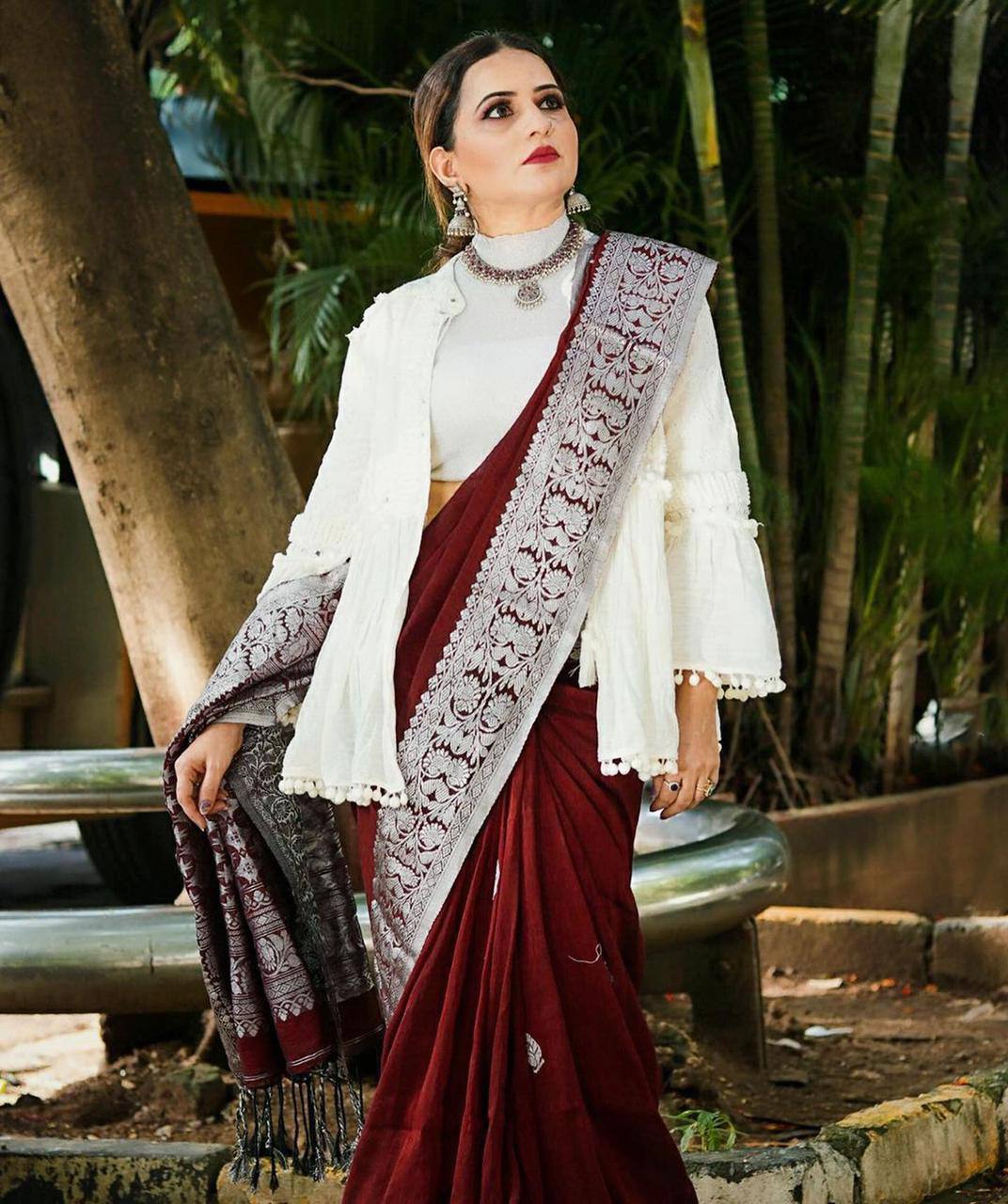 Maroon Banarasi Silk Saree with Silver Zari Border