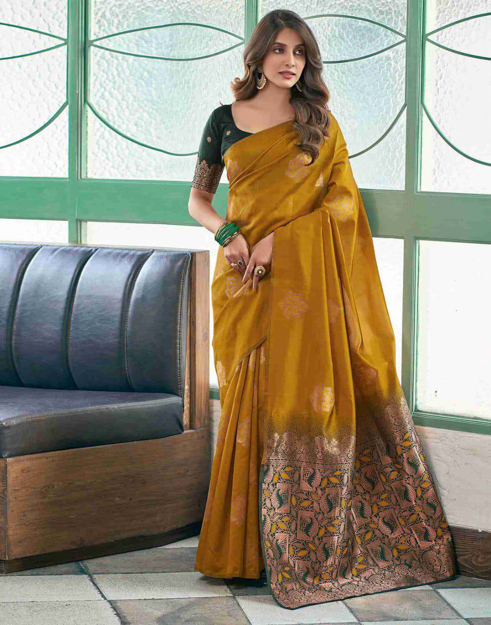 Mustard Yellow Banarasi Silk Saree with Embroidered Border and Green Blouse