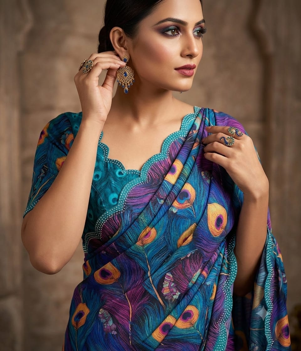 Morpankh Soft Georgette Saree with Peacock Feather Digital Print & Scalloped Stone Border