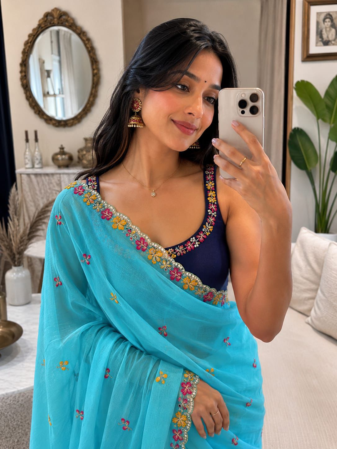 Premium Crunchy Chiffon Embroidered Mirror Work Party Wear Saree