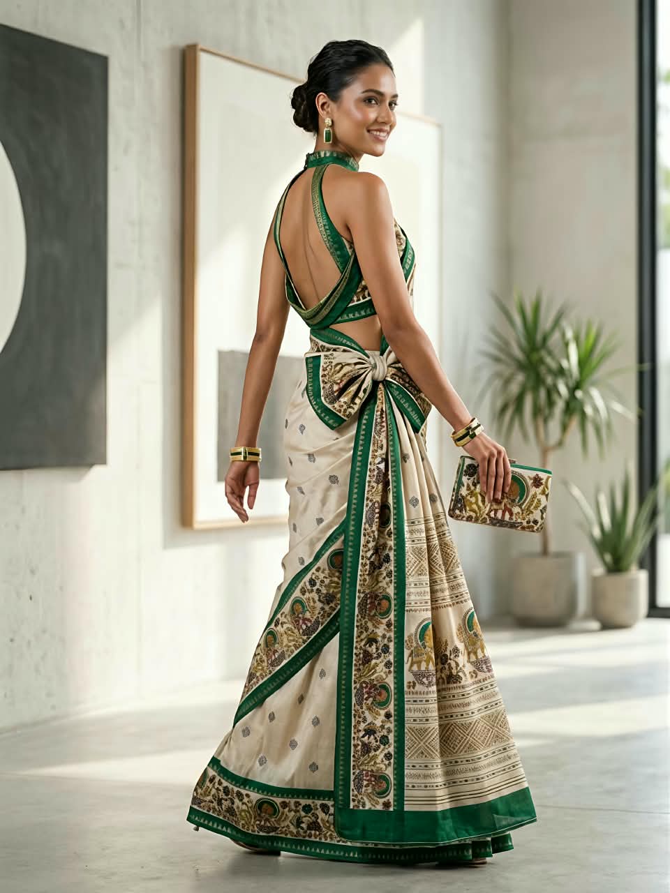 Premium Marsh Mellow Saree with Gajraj Print & Double Temple Pattu Border