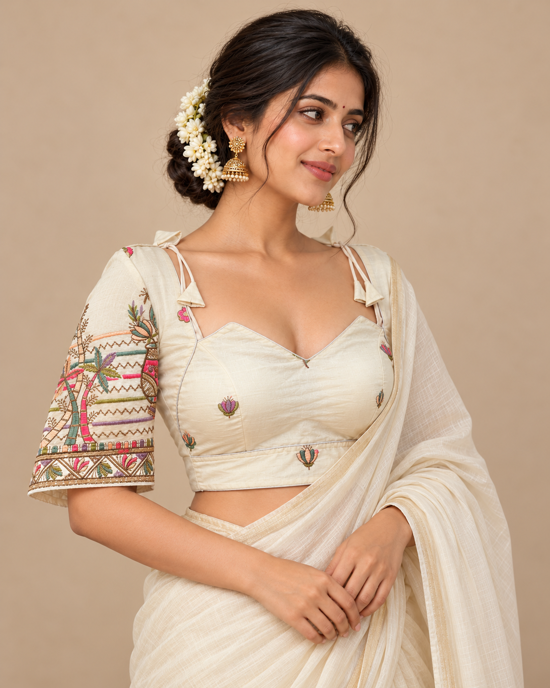 Pure Khadi Cotton Floral Embroidered Blouse – Heavy Padded | Front Open | 38–42