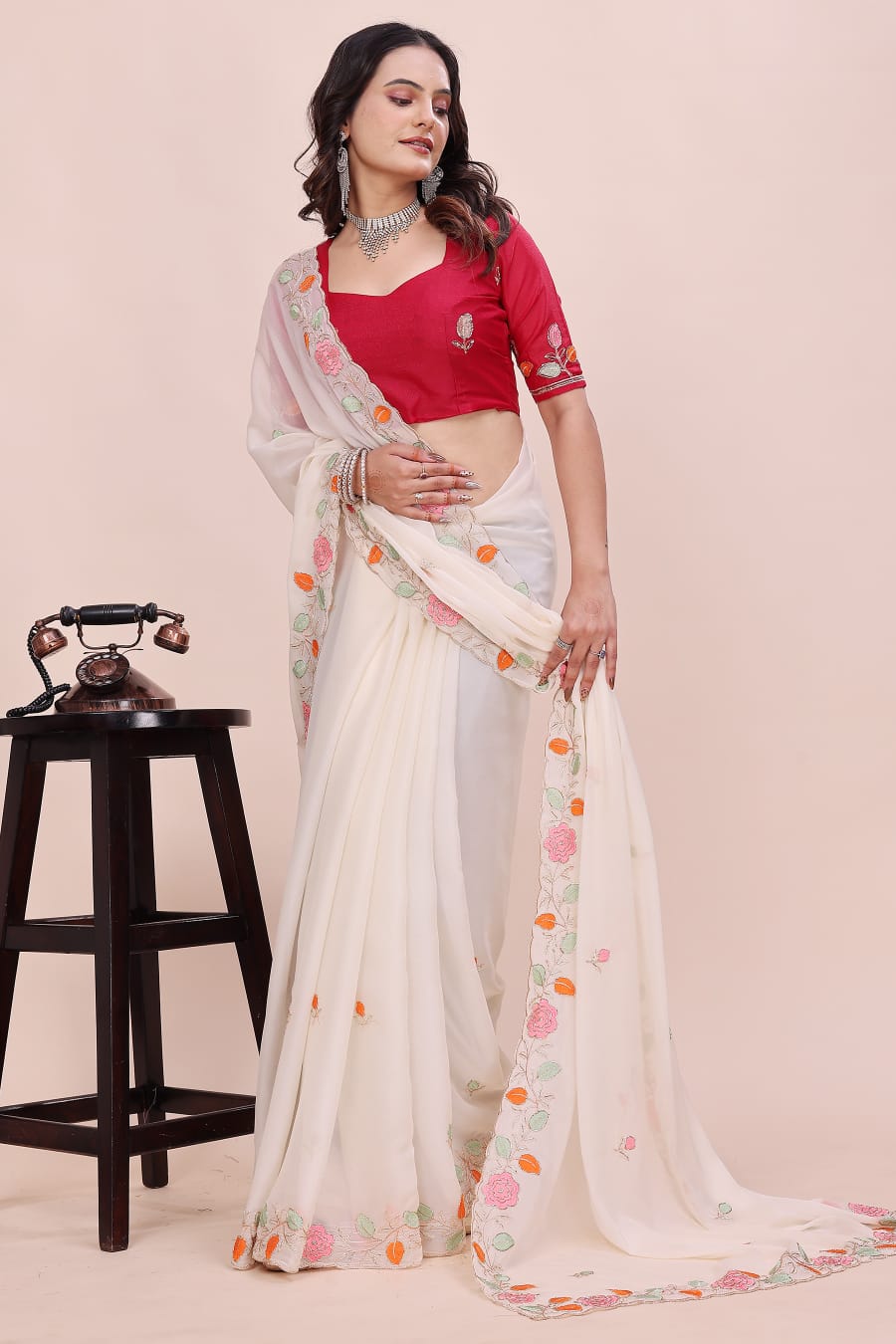 Rose Petal Embroidered Star Georgette Saree with Beads Work Border