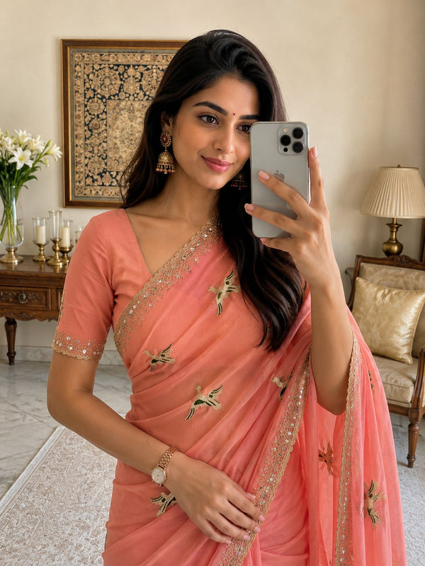 Premium Embroidery & Mirror Work Saree with Designer Blouse
