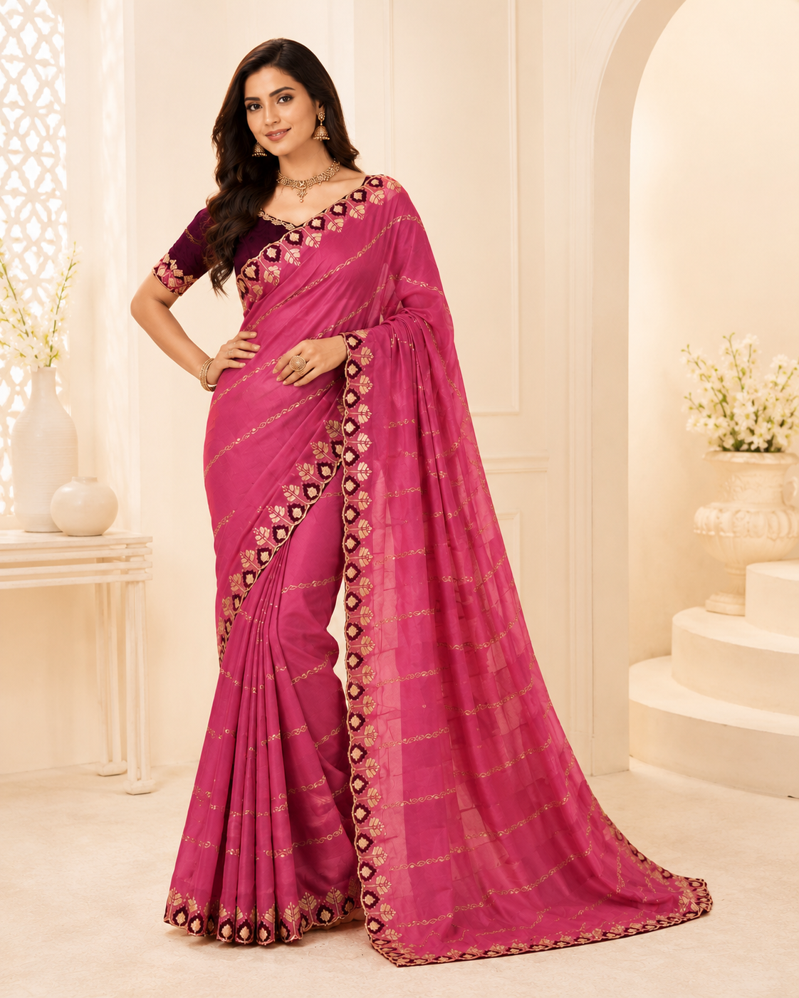 Jhanvi Collection – Premium Star Georgette Saree with Embroidered Border & Contrast Blouse