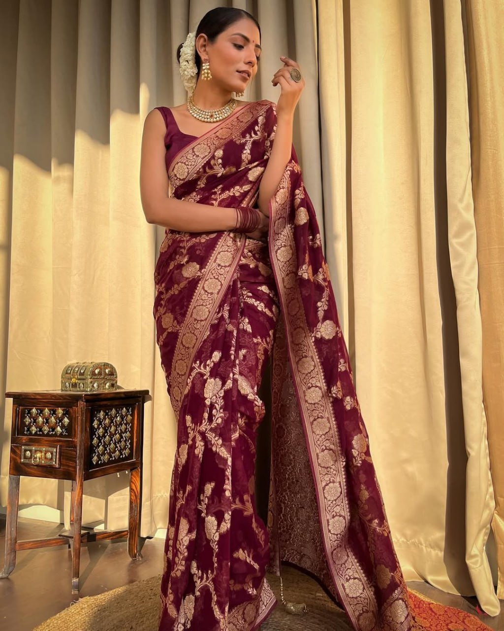 Maroon Banarasi Silk Saree with Golden Floral Embroidery and Purple Blouse